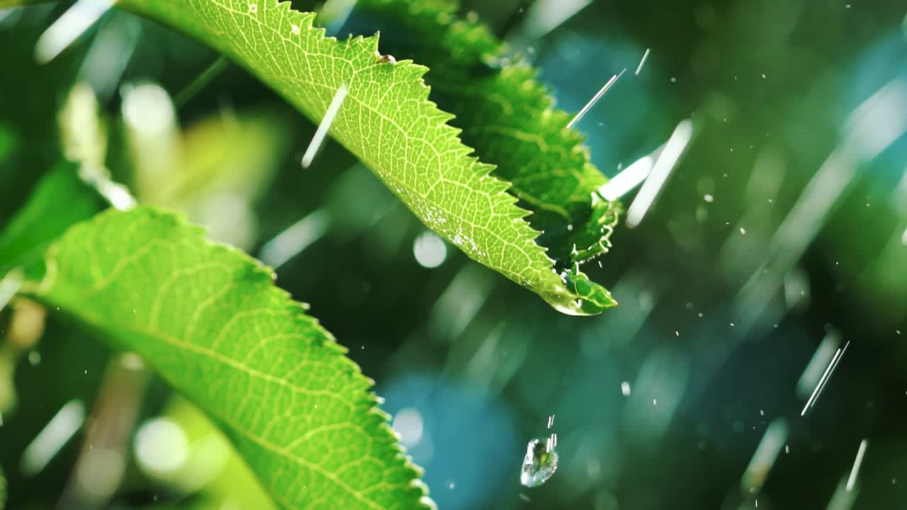 irrigation of plants. Water drops are falling from the wet leaves of a bush in the summer in the garden. Slow motion