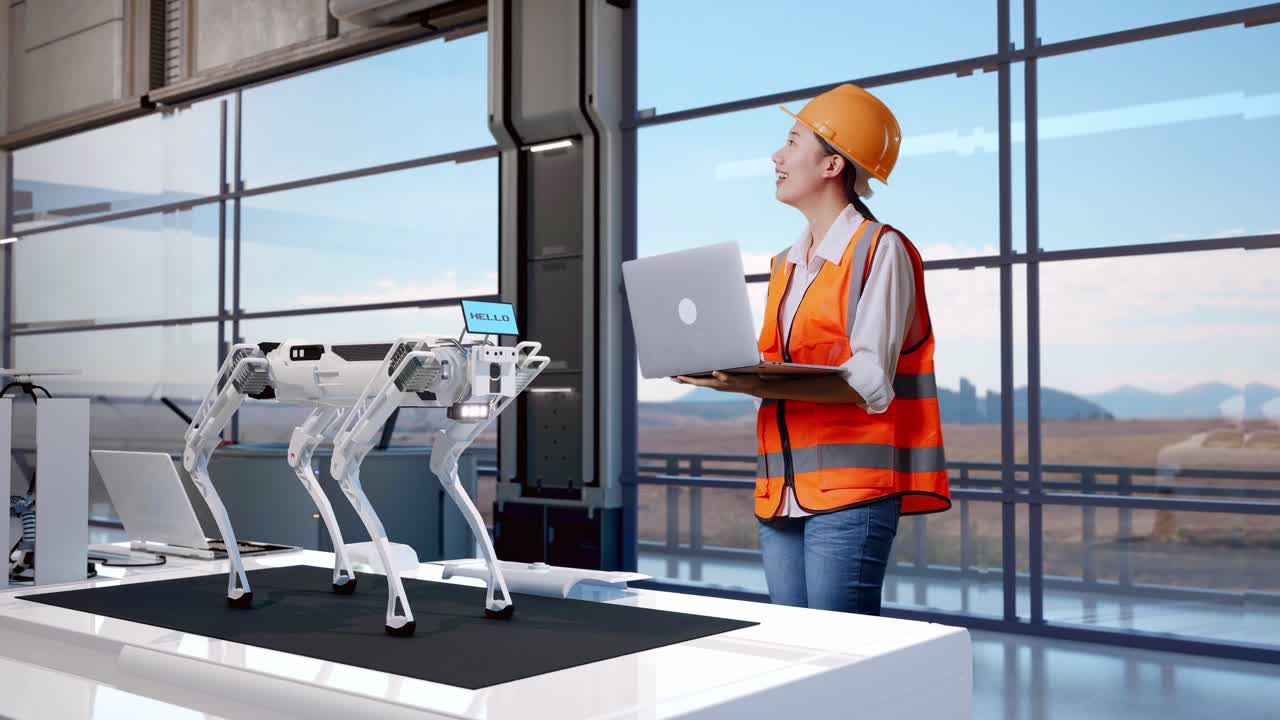 vista lateral completa del cuerpo de una ingeniera asiática con casco de seguridad trabajando en una computadora portátil y mirando a su alrededor mientras está de pie en una fábrica de alta tecnología, analizando el concepto de máquina robótica