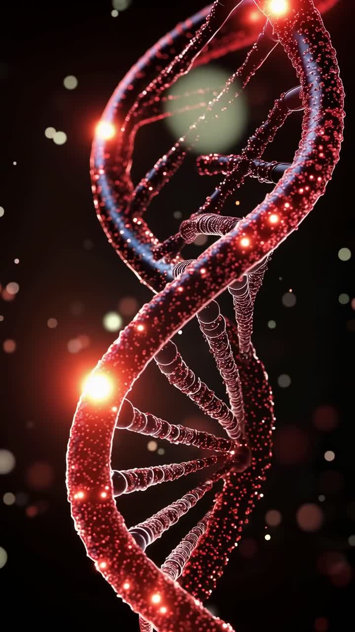 Video dinamico di un'elica di DNA luminosa, in primo piano, con uno stile cosmico e futuristico.