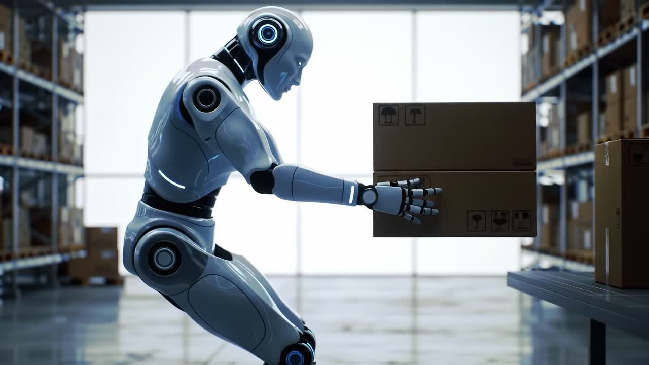 Advanced Robotics in Warehouse Automation: A Sleek, Human-like Robot Efficiently Lifts and Places Packages in a High-Tech Storage Environment