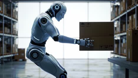 advanced robotics in warehouse automation: a sleek, human-like robot efficiently lifts and places packages in a high-tech storage environment