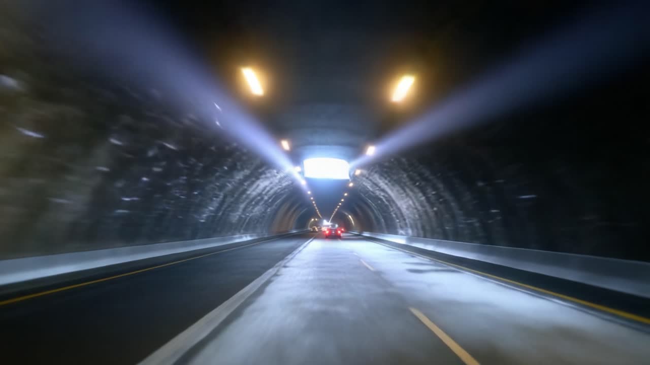 Un voyage à travers un tunnel énigmatique : une voiture fonçant vers une sortie illuminée, entourée de lumière cosmique et d'ombres mystérieuses dans une atmosphère dynamique.