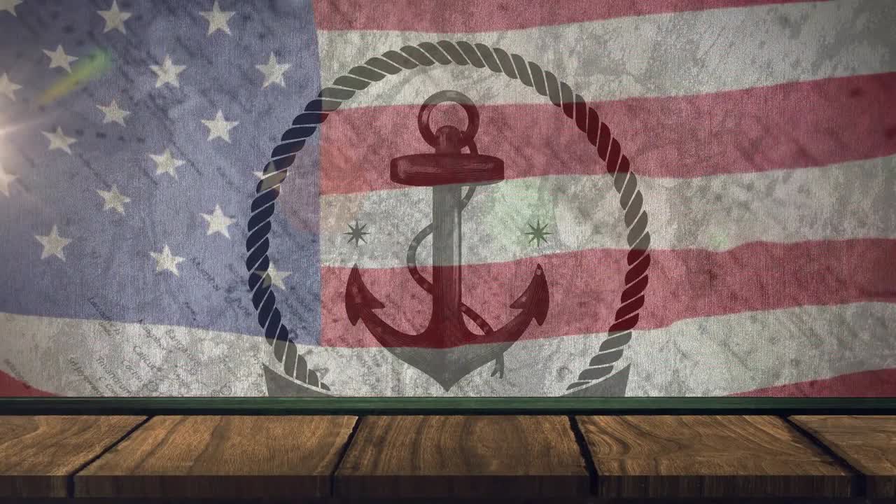 animación del ancla y el barco sobre la bandera estadounidense