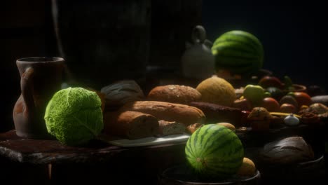 food-table-with-wine-barrels-and-some-fruits,-vegetables-and-bread