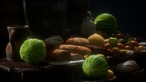mesa de comida con barriles de vino y algunas frutas, verduras y pan