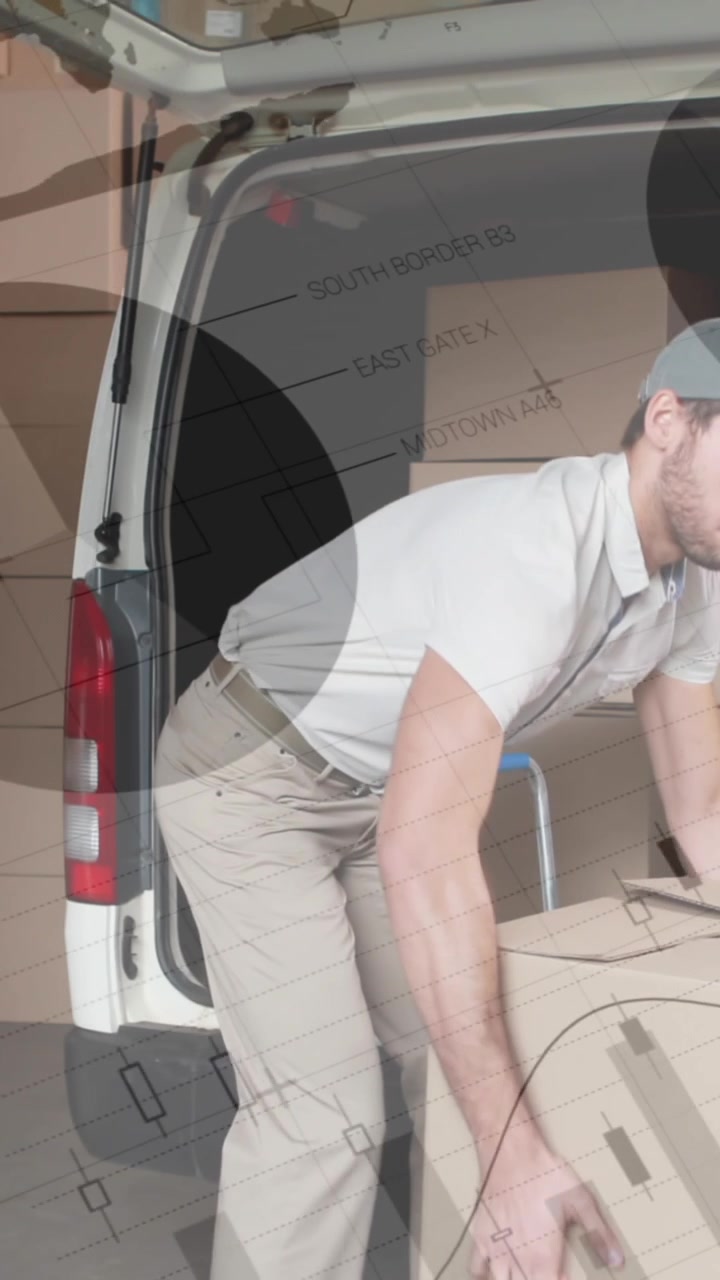 Statistical data processing against caucasian delivery man stacking boxes in his delivery van
