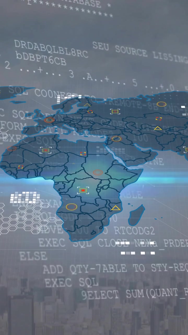 Animation of computer language and map over modern cityscape against cloudy sky