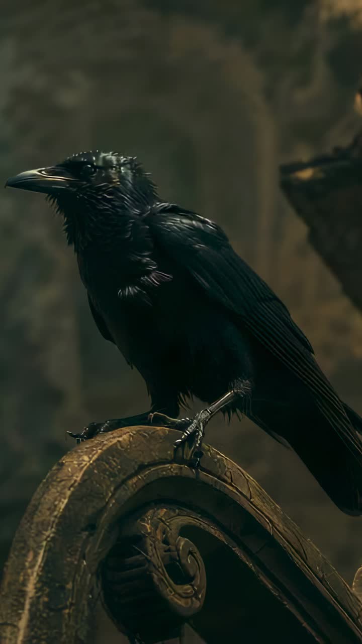 Vertical video: Perching raven sensing movement, tilting head rightward on Gothic scroll, calling
