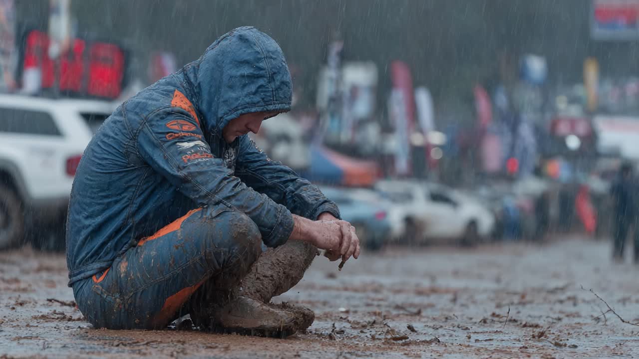 A Mud-Covered Racer Sits in the Rain, Reflecting on Their Journey Amidst a Challenging Motorsport Environment at a Muddy Event