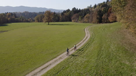 bike ride of two cyclists with mountain view, forests, and meadows, aerial shot