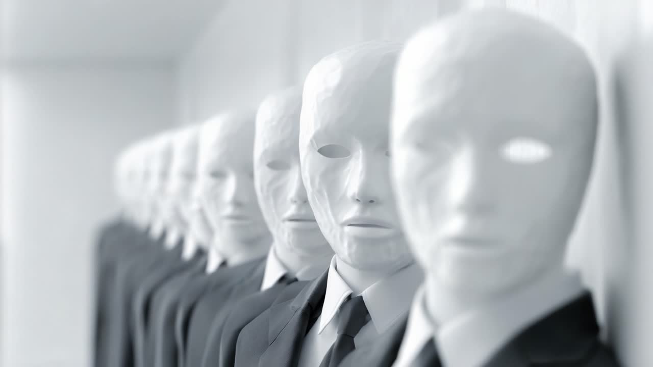 Una Serie Accattivante di Manichini Senza Volto in Abiti Sartoriali, Che Evidenzia il Netto Contrasto tra Anonimato e Identità Individuale in un Contesto Minimalista