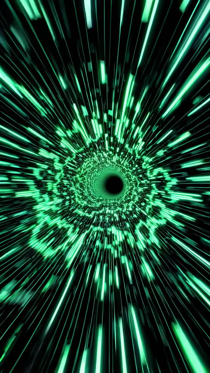 Luminescent green lines converging into dark singularity, forming high speed digital tunnel visualizing rapid data transmission through virtual network environment