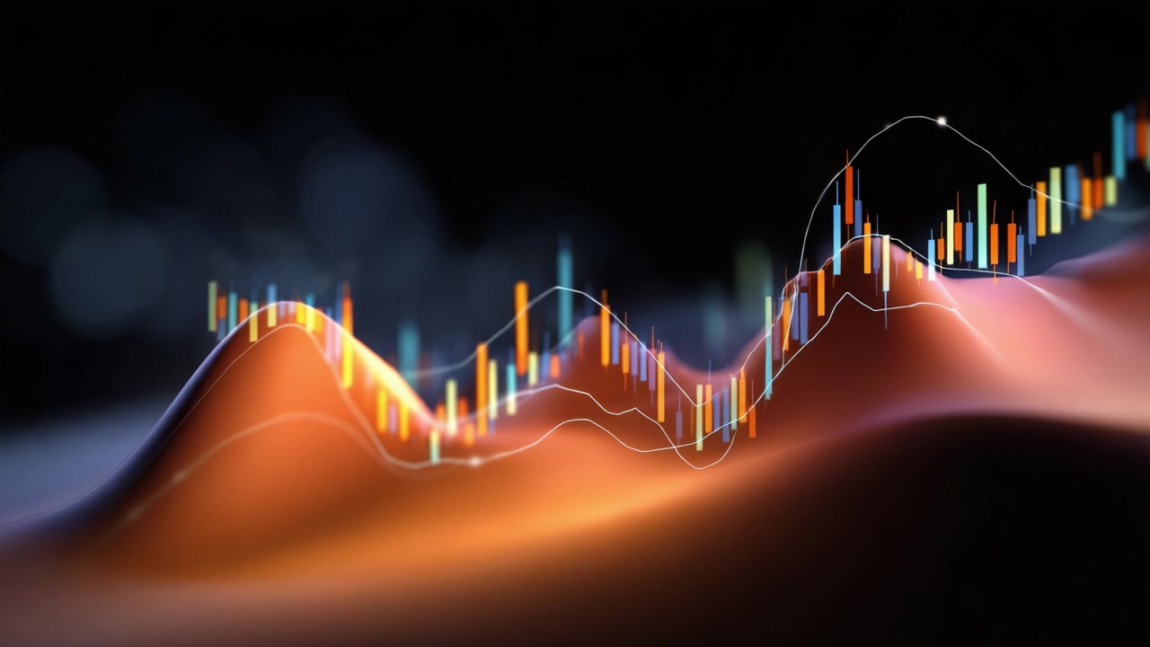 Dynamic Financial Visualization: An Abstract Representation of Stock Market Trends with Colorful Candlestick Graphs and Fluid Wave Patterns Against a Dark Background