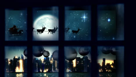 window frame against santa claus in sleigh being pulled by reindeers over cityscape