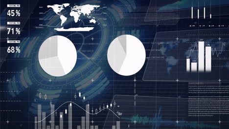 global data analysis animation over charts and graphs on dark background