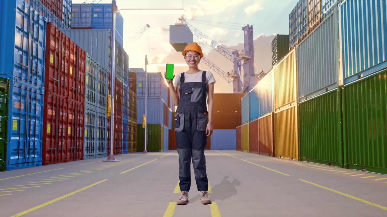 Full Body Of Asian Woman Worker Wearing Goggles And Safety Helmet Smiling And Showing Green Screen Smartphone To The Camera While Standing At Container Yard Warehouse