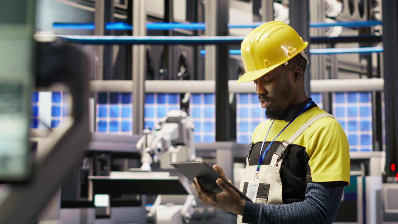 Vertical video Smart factory mechanic testing automated systems, doing preventive maintenance