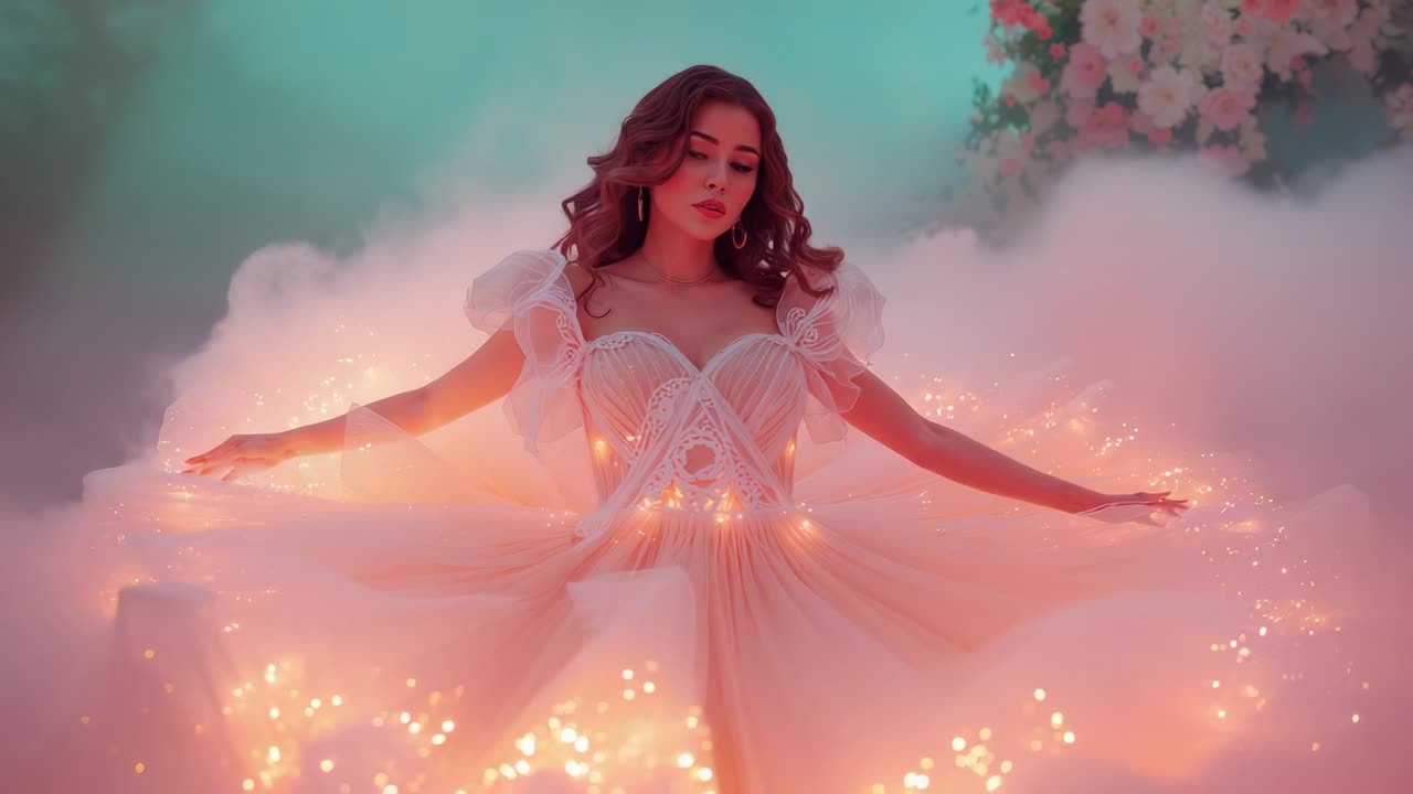 Macchina del fumo che rilascia vapore su uno sfondo floreale mentre la modella ruota verso la fotocamera, abito a LED luminoso