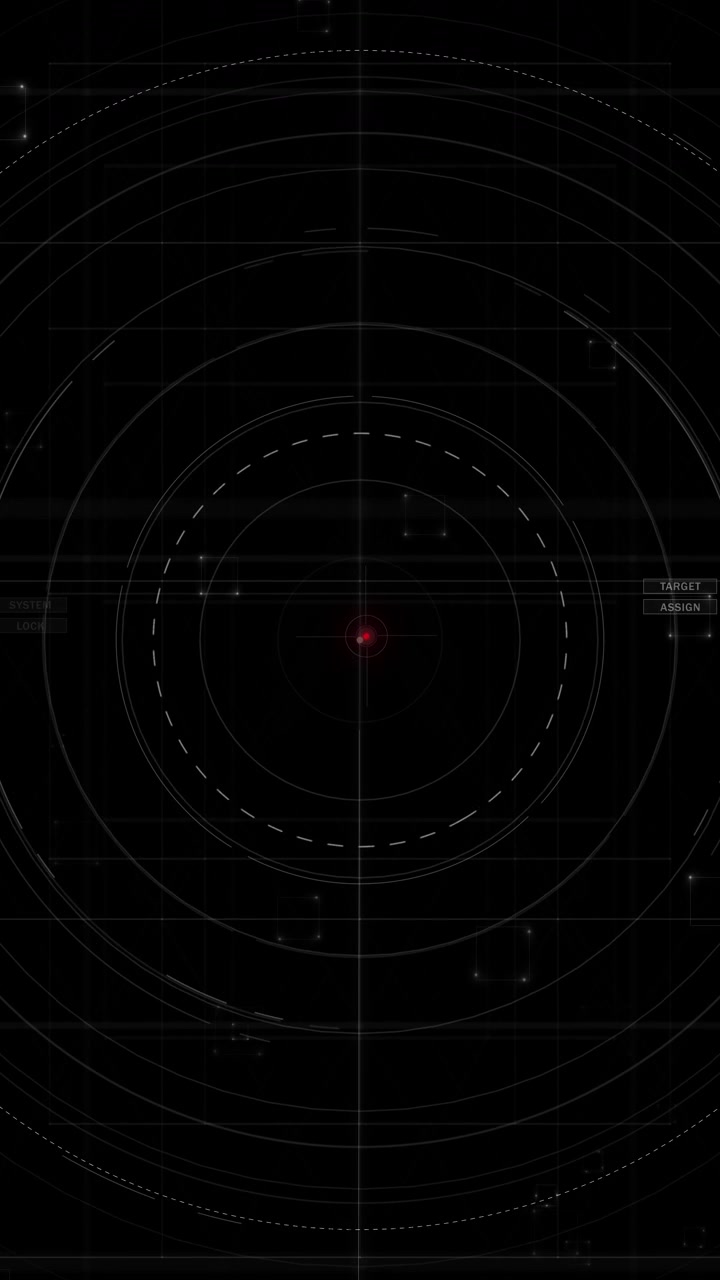 Immagine di un bersaglio HUD tattico nero con tenui anelli circolari, punto di tracciamento rosso e marcatori quadrati.