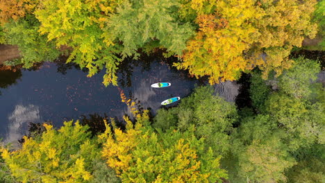 Aerial-birds-eye-view-over-paddleboarders-on-river-in-autumn-4K