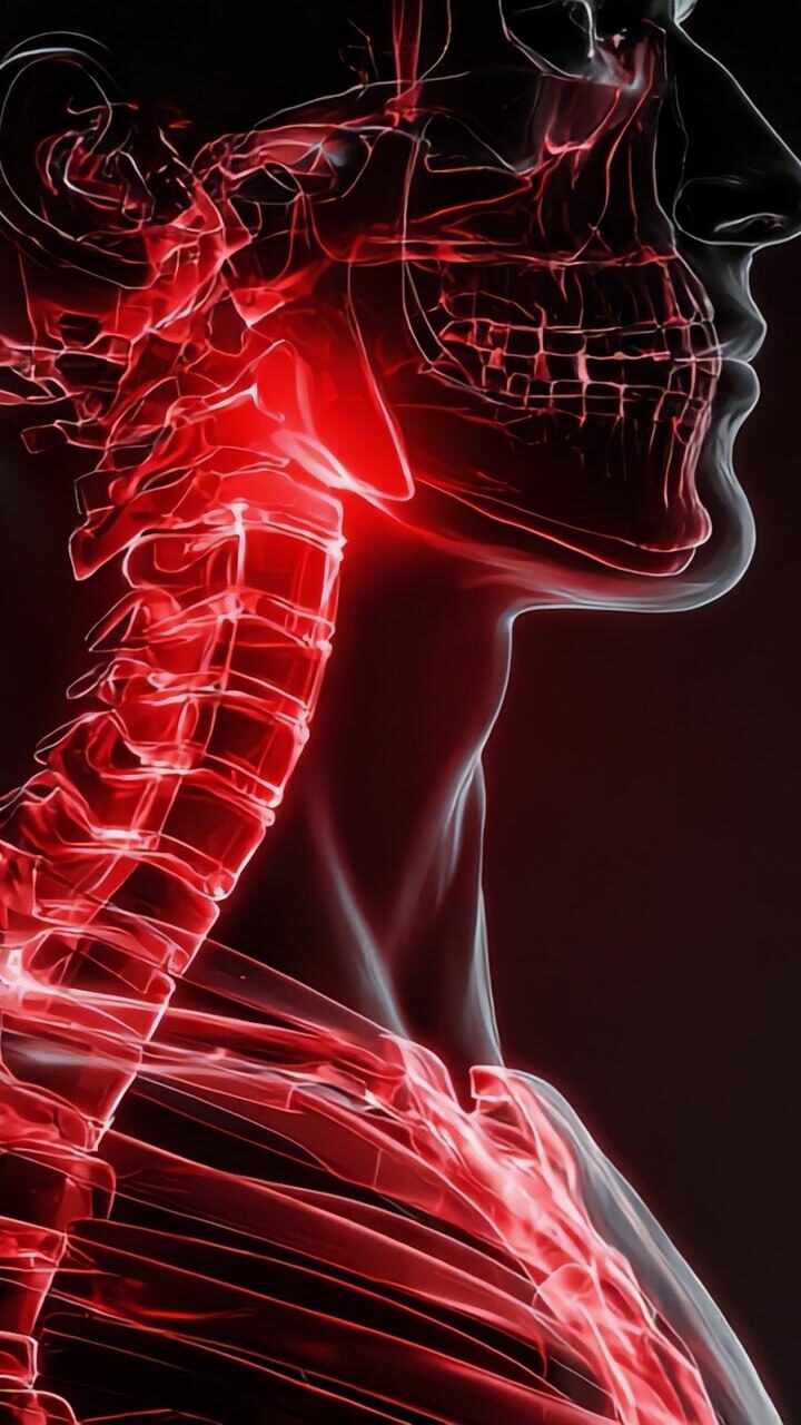 Una vista sorprendente dell'anatomia umana: sistema scheletrico illuminato e strutture muscolari evidenziate in rosso radioso.