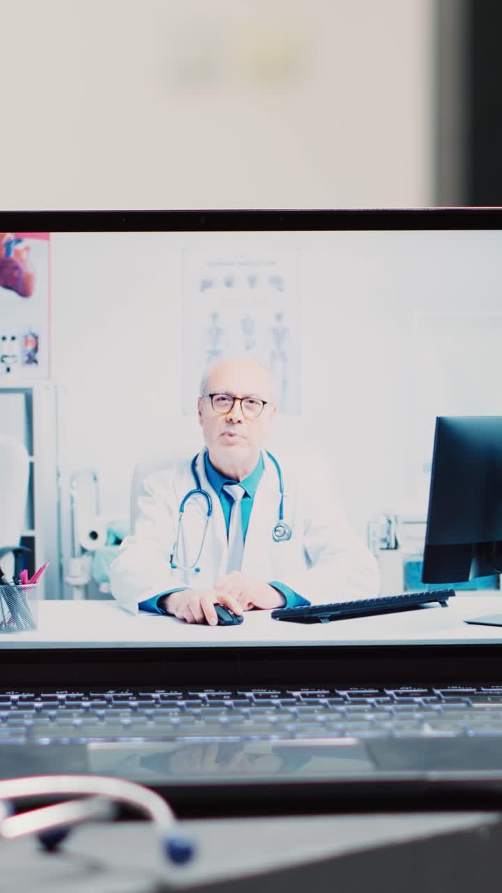 Video verticale: Medico che utilizza una videochiamata online alla scrivania