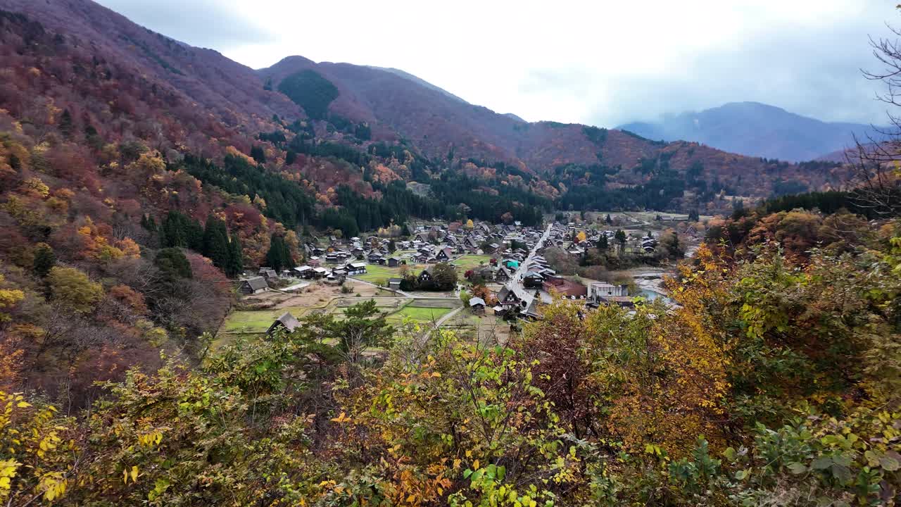 Gassho style farmhouses in Shirakawa go village surrounded by colorful autumn foliage, creating a picturesque scene in Japan