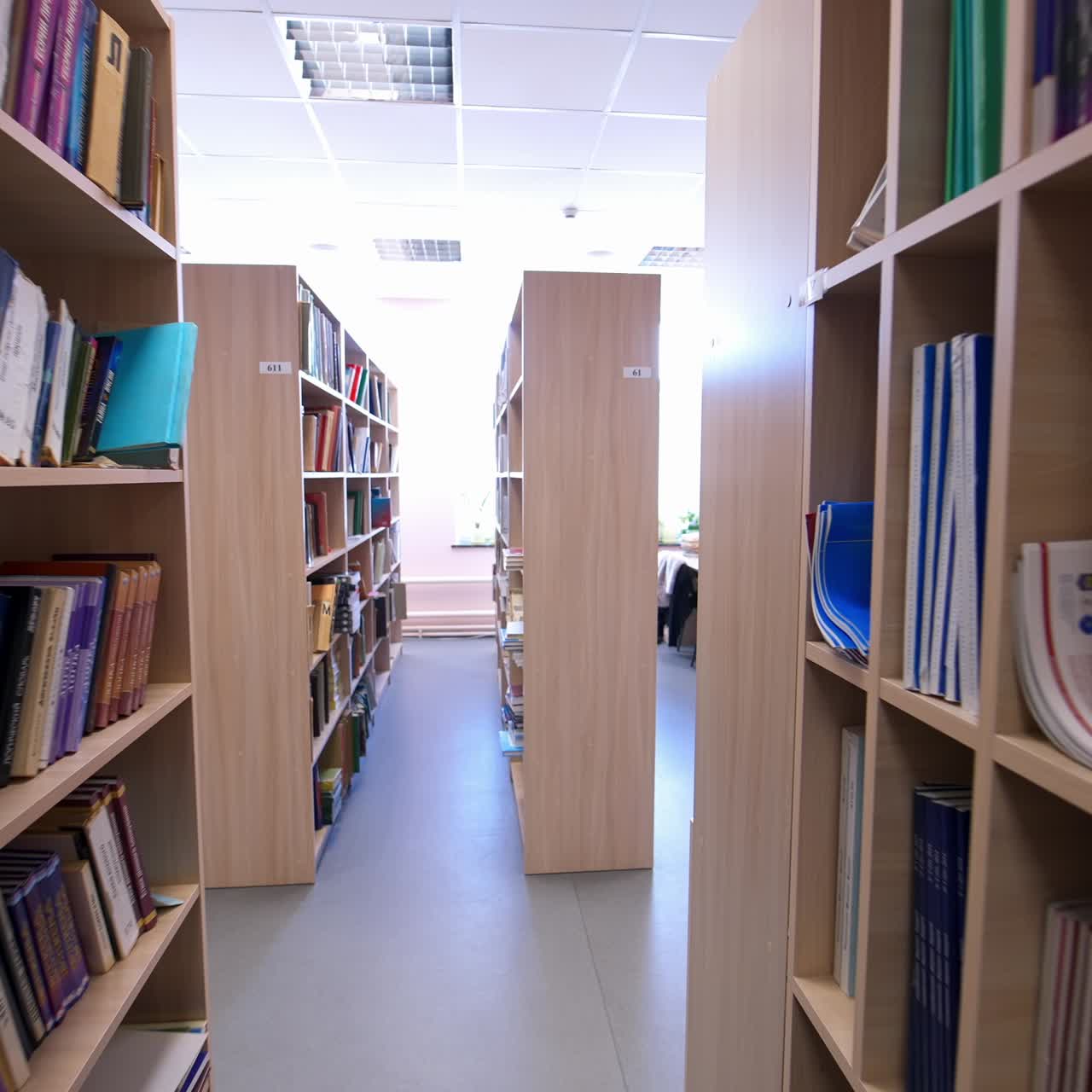 Wooden bookcases in the library. Different books on bookshelves inside the light library room. Education and knowledge concept