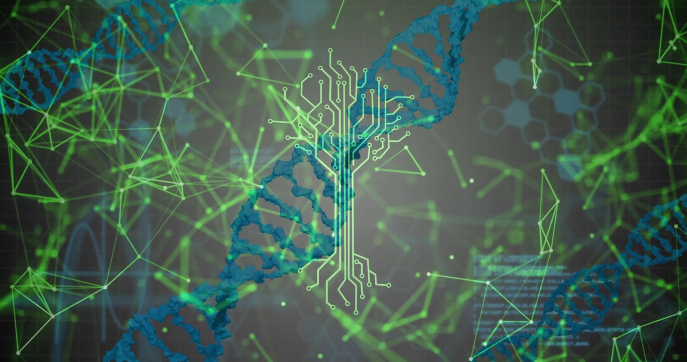 After one-second, DNA helix rotating with neon circuit tree emerging illustrating biotech network