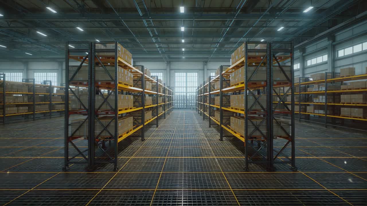 Tracking camera gliding forward down warehouse aisle after static shot, showing boxes on racks