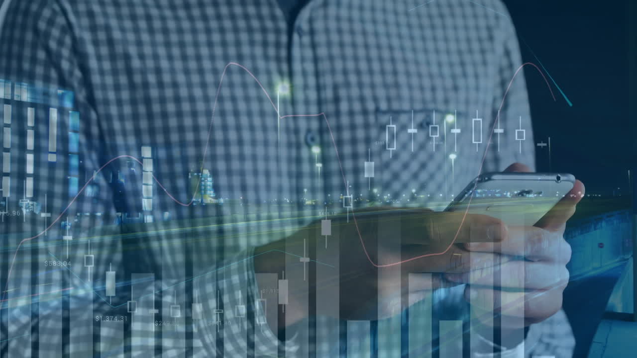 animación de estadísticas y procesamiento de datos financieros sobre el hombre utilizando teléfonos inteligentes