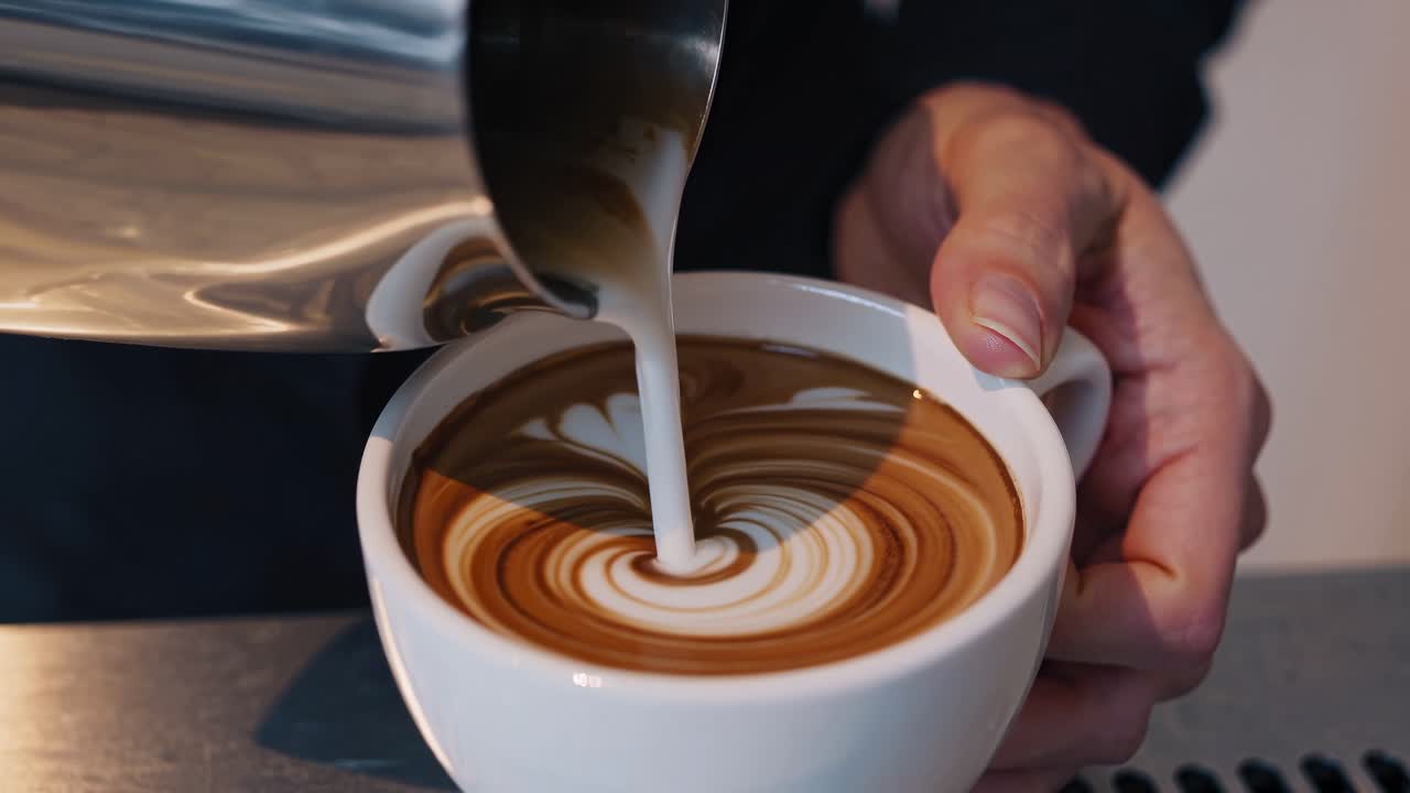Inquadratura video ravvicinata di un barista che versa il latte in un cappuccino, creando un'elaborata latte art