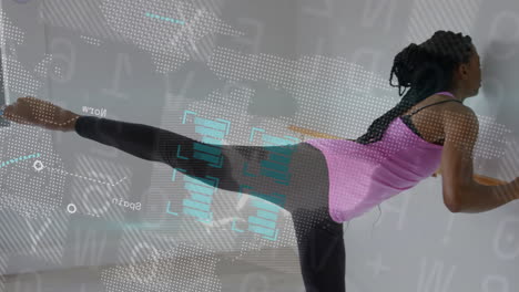 mujer haciendo ejercicio con la pierna levantada sobre animación de procesamiento de datos digitales