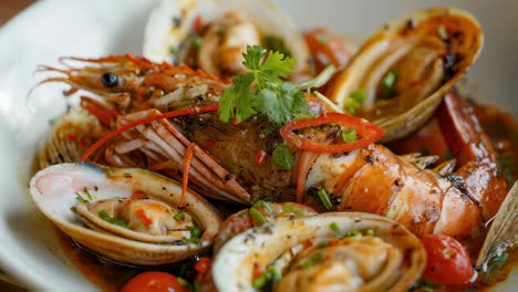 Close up of a gourmet seafood dish featuring grilled shrimp, clams, and cherry tomatoes, garnished with fresh herbs and spices, served on a white plate