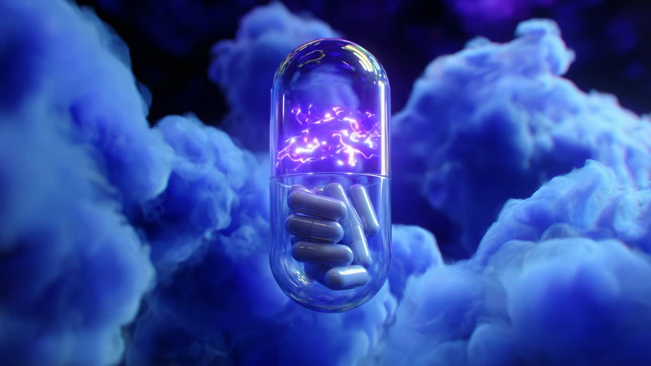 A Visually Striking Representation of a Transparent Capsule Hovering Amidst a Mystical, Purple-tinged Cloud Environment, Blending Science and Imagination in a Surreal Context