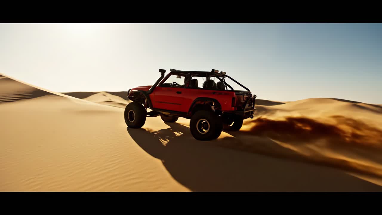 Fuoristrada rosso che attraversa il deserto