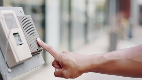 intercom, calling and closeup of a hand