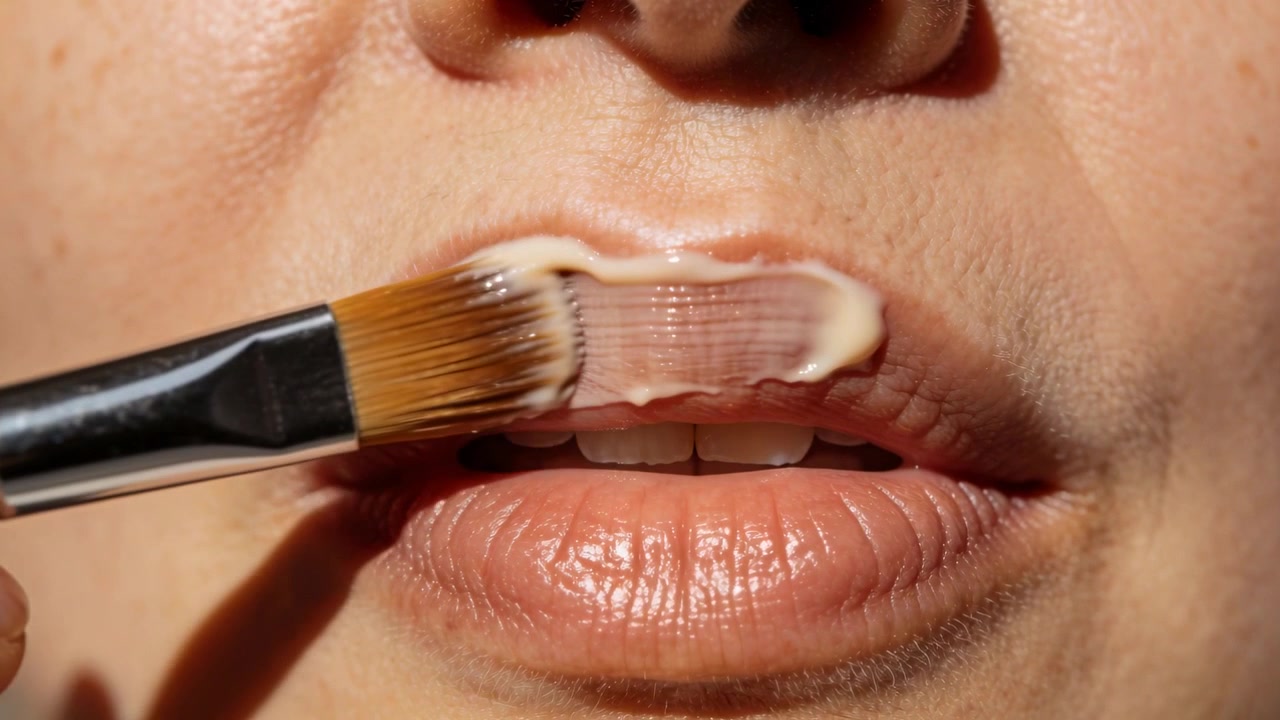Approaching from left, hand with flat-brush drawing cream across upper lip in studio, masking color