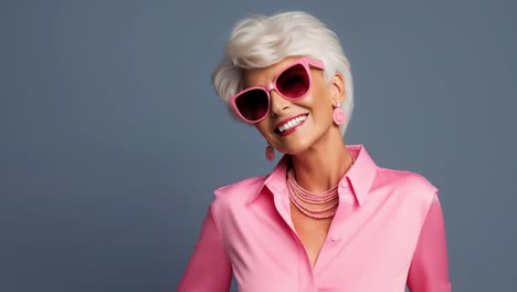 fashionable mature woman wearing pink sunglasses, a stylish shirt, and elegant jewelry, smiling brightly while looking away against a gray studio background, radiating confidence and joy