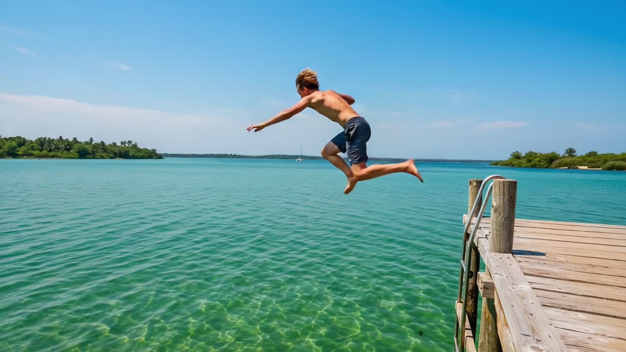 Un giovane ragazzo si tuffa gioiosamente da un molo in acque blu scintillanti, catturando l'essenza del divertimento estivo e dell'avventura nell'ambiente sereno della natura.