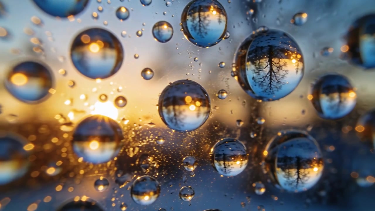 Zapadající slunce ohřívá kapky na skleněné tabuli, láme obrácený strom a vytváří bokeh.