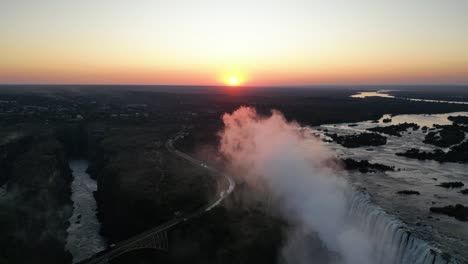 Aerial-View-Of-Victoria-Falls-At-Sunset,-Zimbabwe