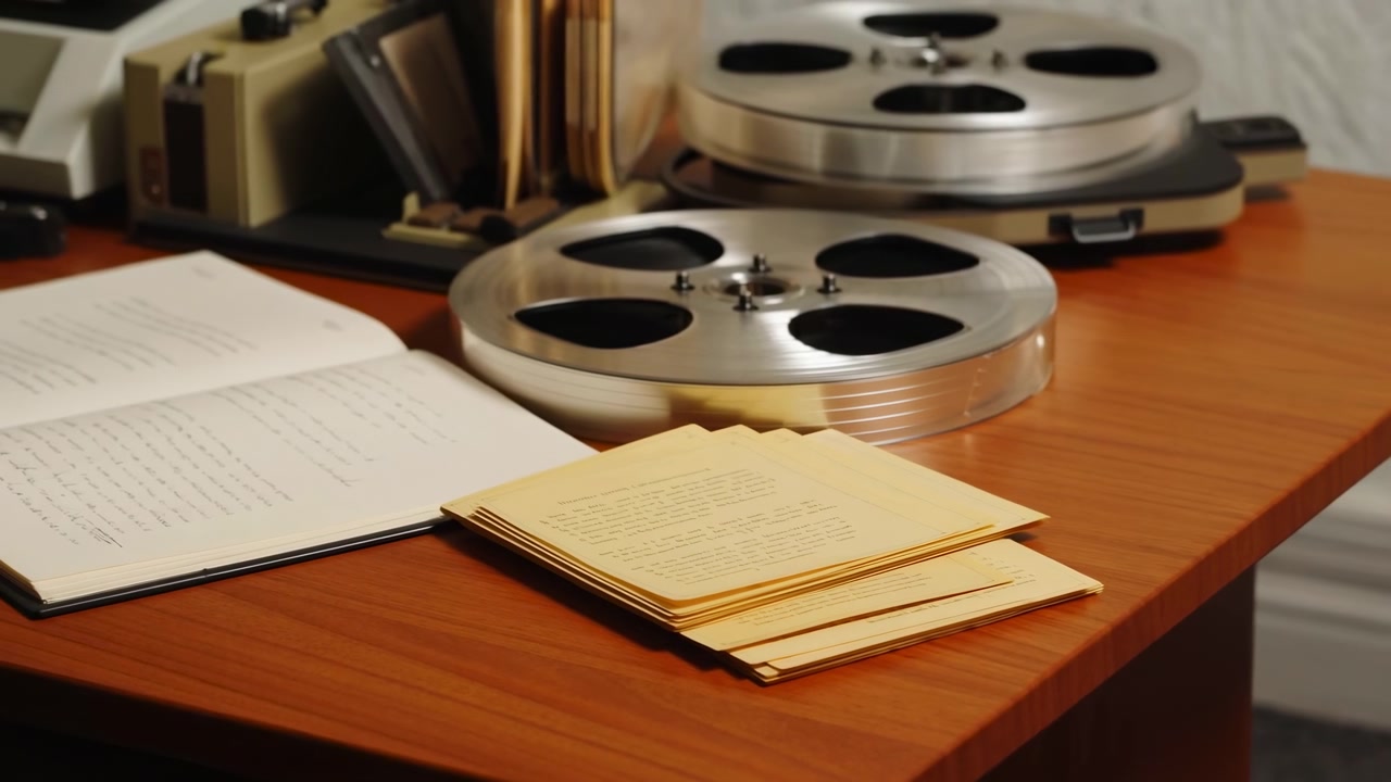 A vintage reel-to-reel tape recorder with large metal reels sits on a wooden desk beside an open notebook and stacked papers, with another recorder unit