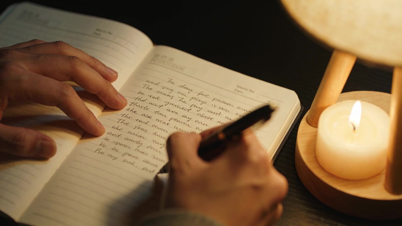 Penna nera in posizione, mani che scrivono in corsivo su un quaderno alla scrivania, prendendo appunti alla luce di una lampada e di una candela.