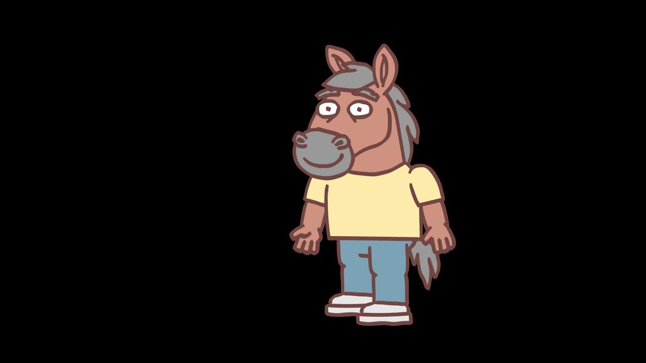 Horse character holds flower and smiling. Frame by frame animation. Alpha channel