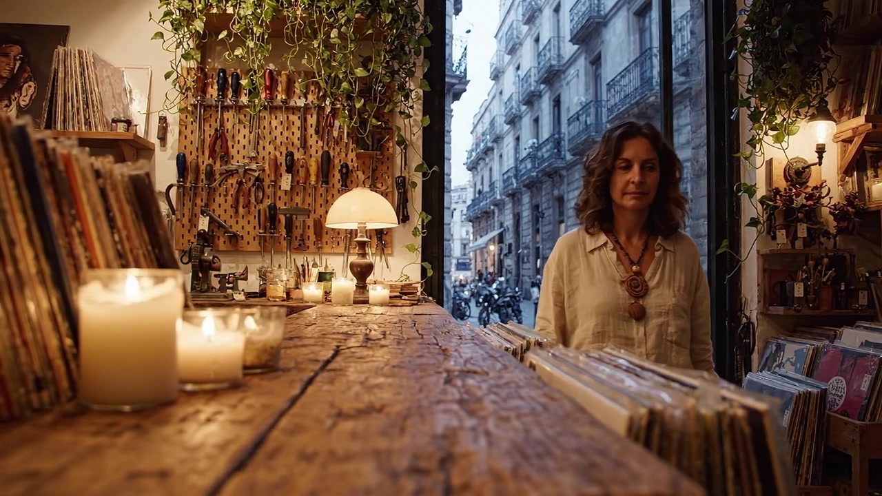 Una serata serena in un accogliente negozio di dischi, pieno di luce calda e vibrazioni vintage, mentre una donna cammina attraverso uno spazio splendidamente adornato vicino a una strada trafficata