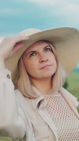 mujer de negocios de pie al aire libre sosteniendo su sombrero de sol mientras mira hacia arriba pensativo, el fondo presenta un vasto paisaje abierto con vegetación, árboles distantes y un cielo despejado