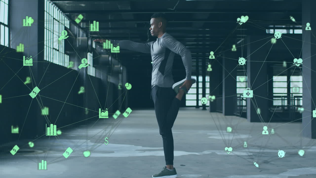 Animation of network of connections with economical icons over man exercising by the sea