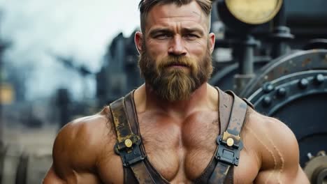 a man with a beard and a leather harness standing in front of a train