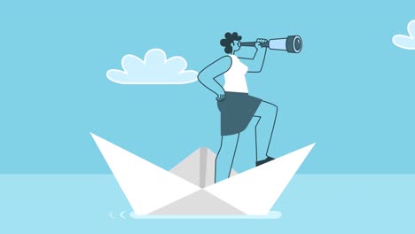 cartoon woman looking through a telescope of paper boat. flat design 2d character isolated loop animation with alpha channel